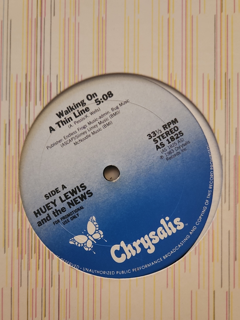 Chrysalis Blue Vinyl Single - Huey Lewis & The News 'Walking On A Thin Line' NP